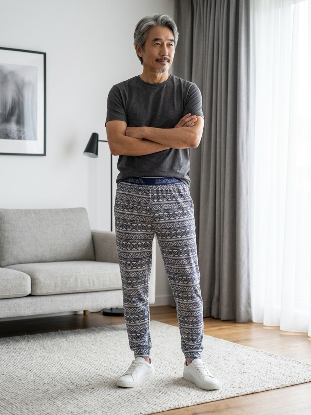 Bench Light Blue and Navy Geometric Knit Joggers - Size Small